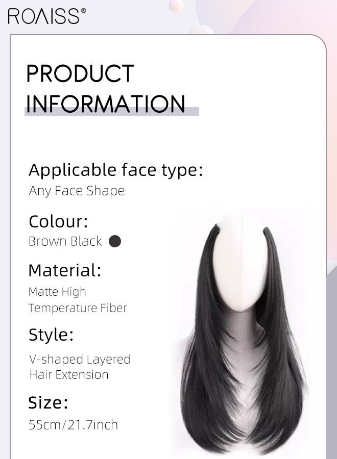roaiss V-Shaped Layered Straight Hair Invisible Clip-in Extension, One Piece Hair Extension Wig with 5 Clips, Heat Resistant Synthetic Hairpiece for Women , Increase Hair Volume Brown Black, 55cm (21.7 inches) - Image 2